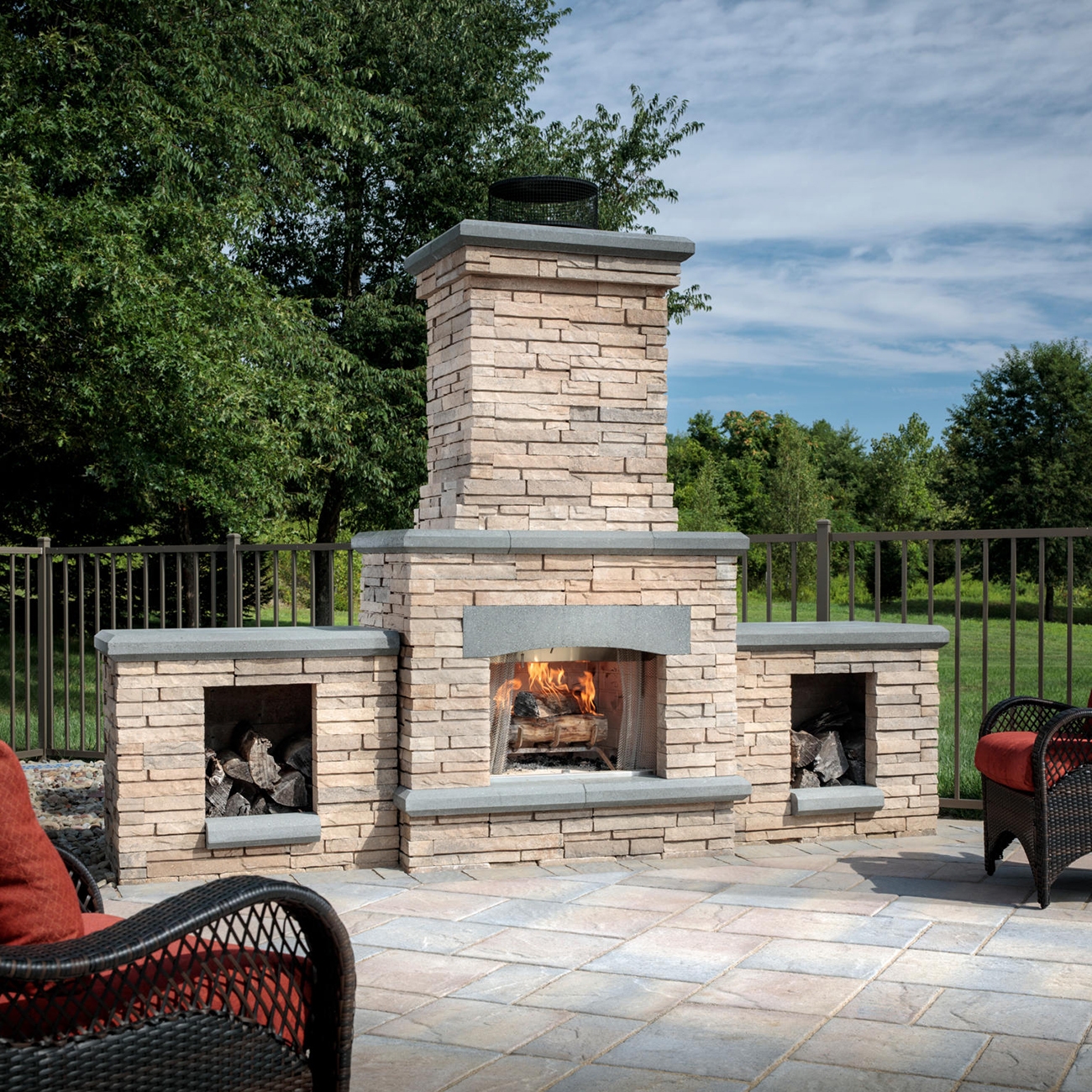 stacked stone bordeaux outside fireplace