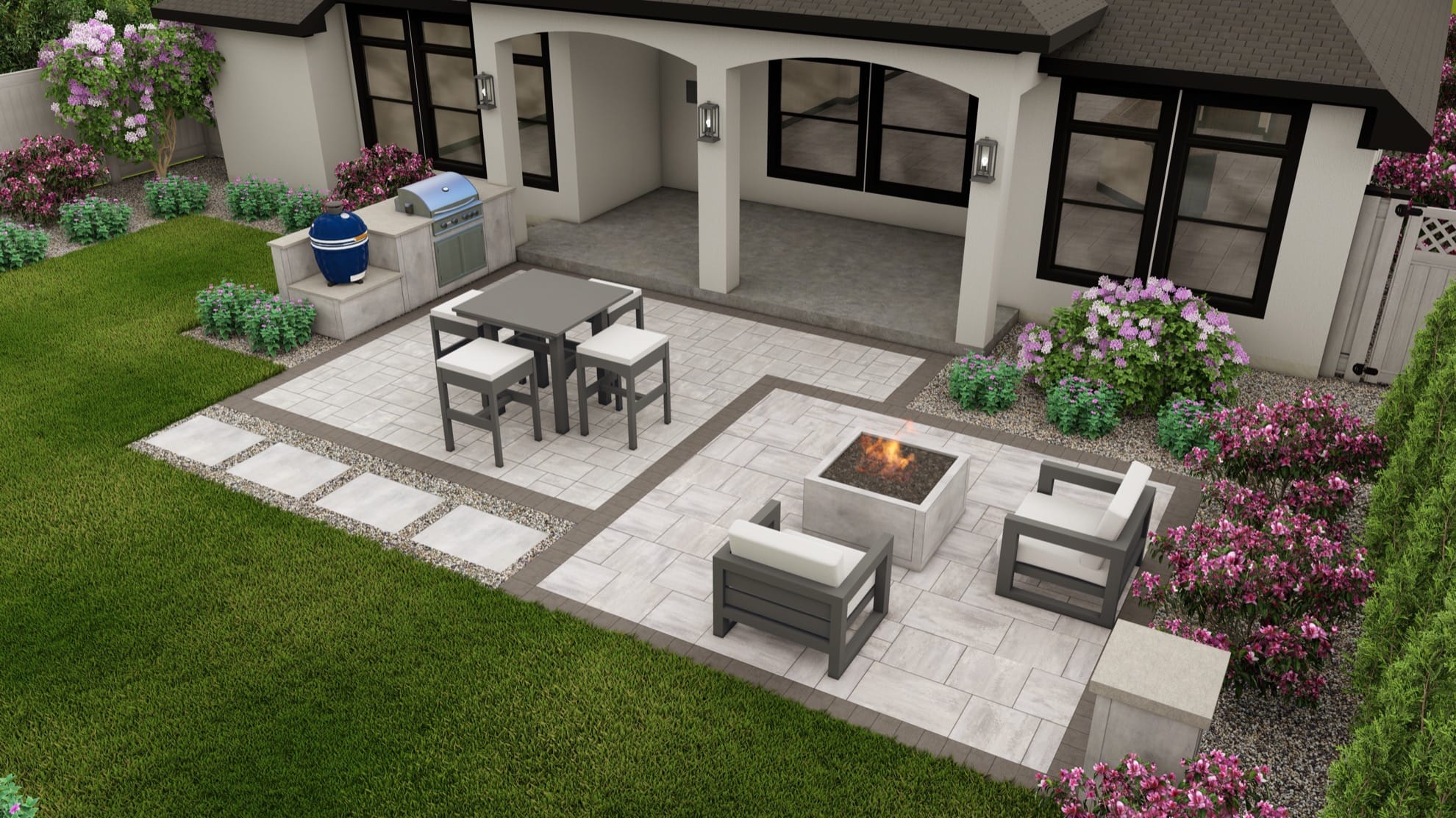 Dimensions™ Patio + Built-In Grill, Blue Diamond Kamado & Firepit