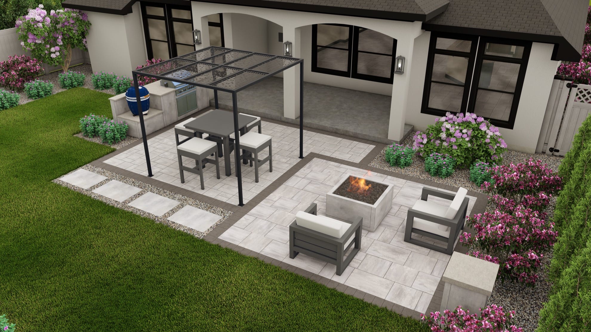 Dimensions™ Patio + Pergola, Built-In Grill with Blue Diamond Kamado & Firepit