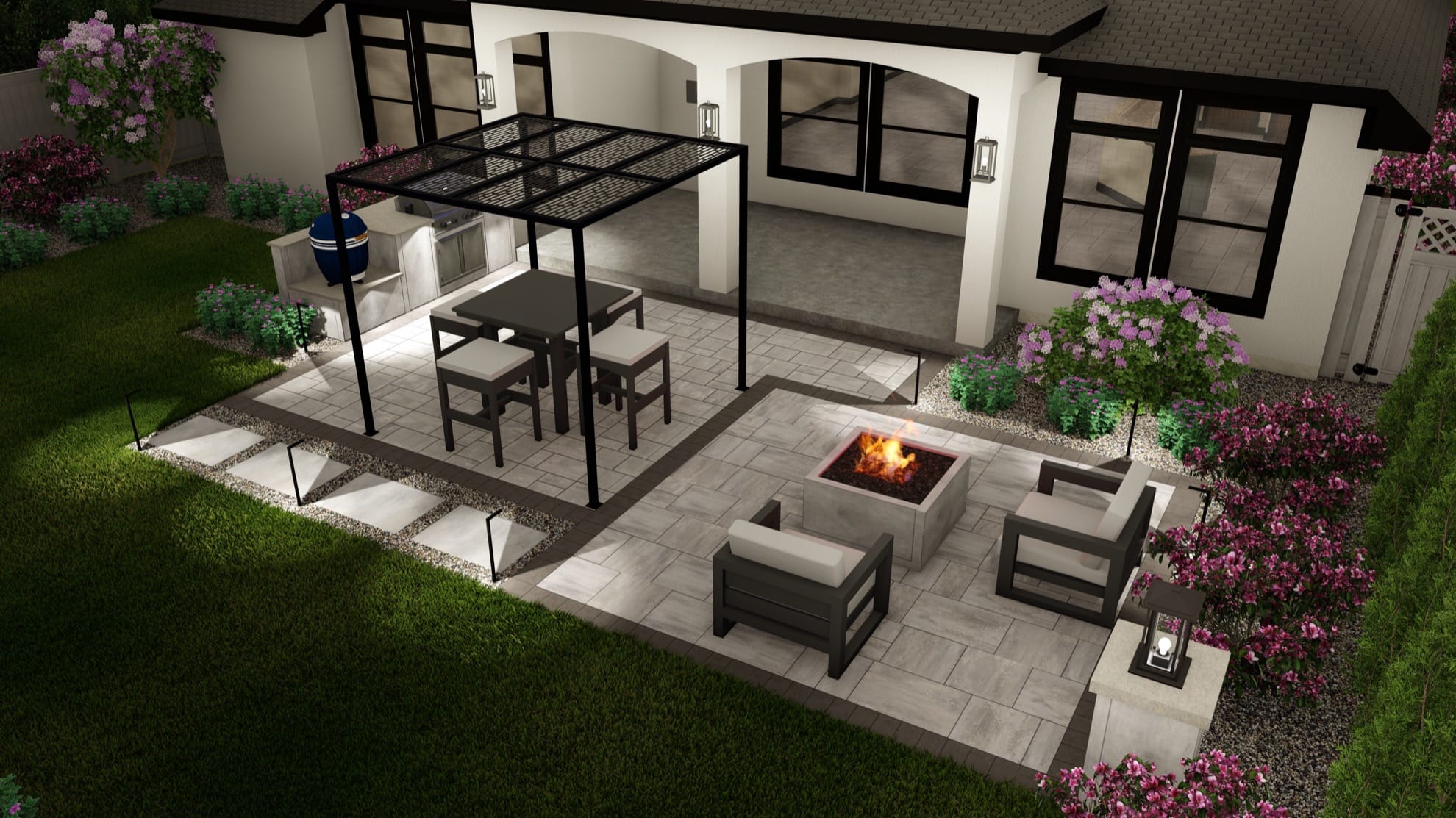 Dimensions™ Patio + Pergola, Built-In Grill with Blue Diamond Kamado, Firepit & Lighting