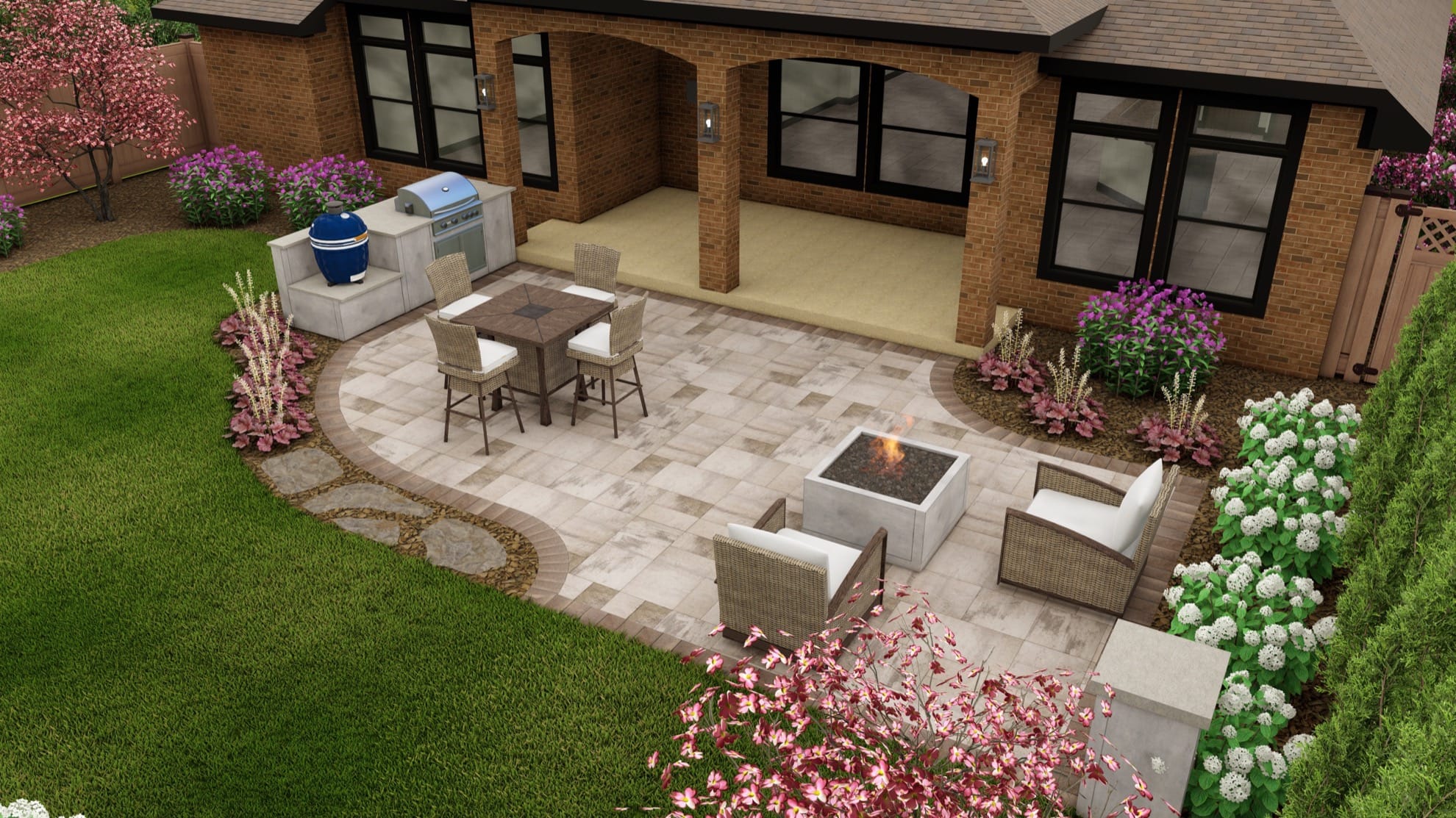 Origins™ Patio + Built-In Grill, Blue Diamond Kamado & Firepit