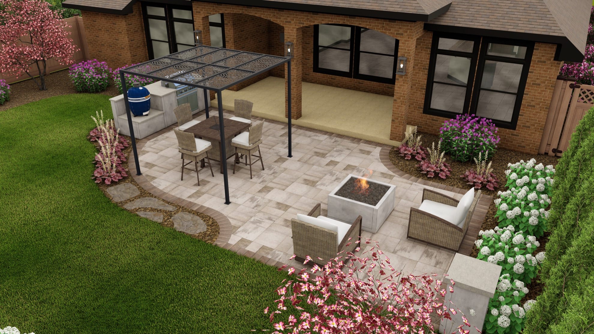 Origins™ Patio + Pergola, Built-In Grill with Blue Diamond Kamado & Firepit