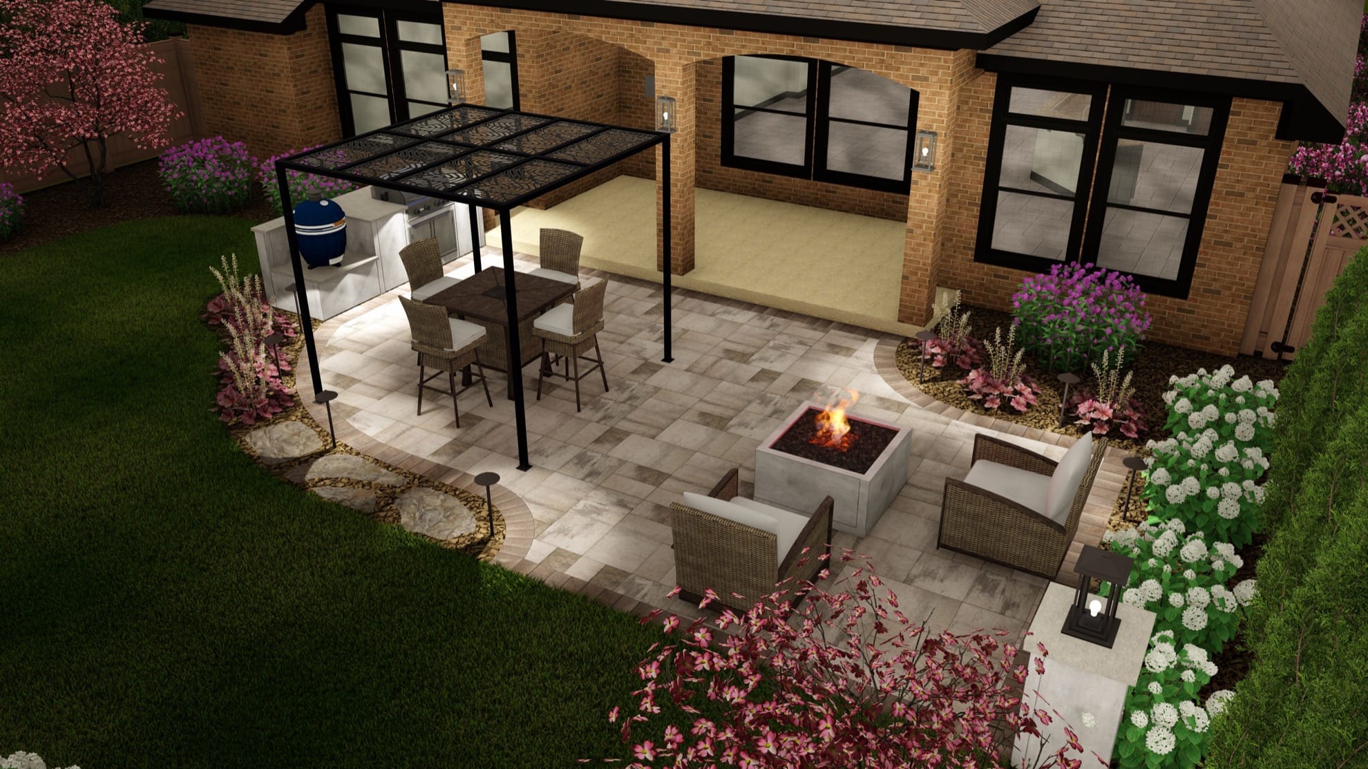 Origins™ Patio + Pergola, Built-In Grill with Blue Diamond Kamado, Firepit & Lighting