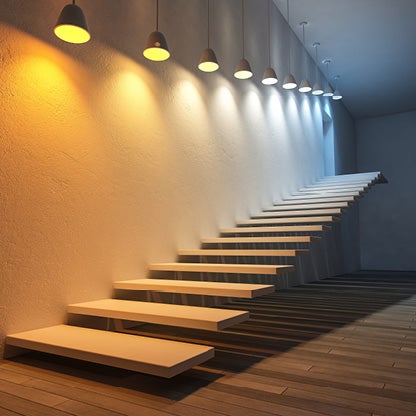 Interior staircase with accent lighting .