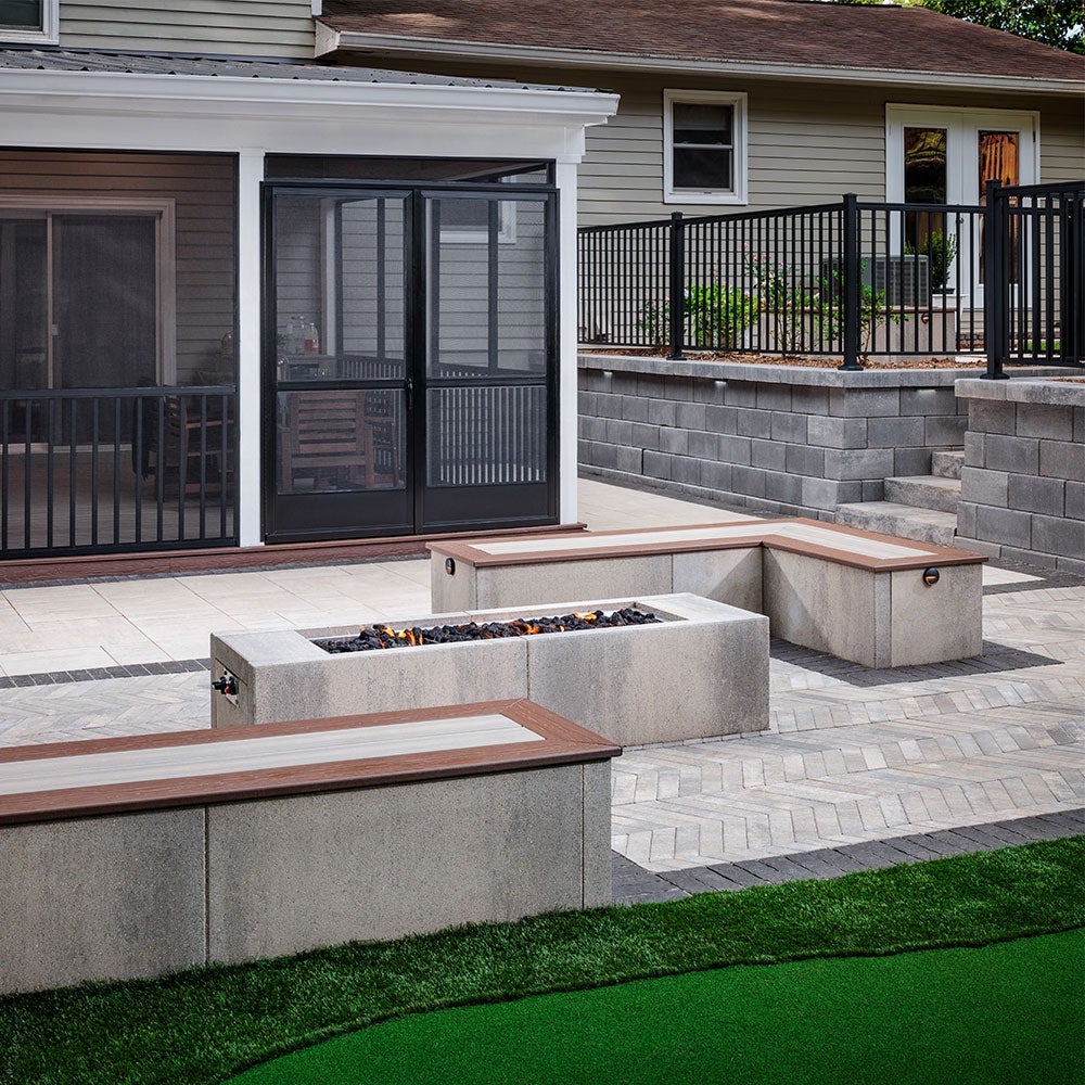 Backyard with Belgard Artforms and fire table. 